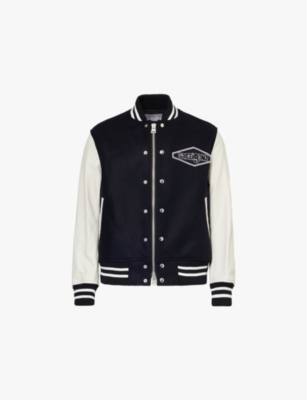 Shop Sacai Mens Brand Appliqué Contrast Panels Regular Fit Wool Jacket D Navy & Off White