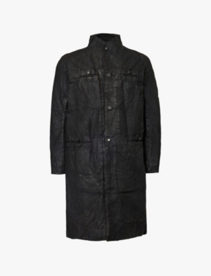 Shop Boris Bidjan Saberi Mens  Distressed-wash Longline Cotton Coat In Black