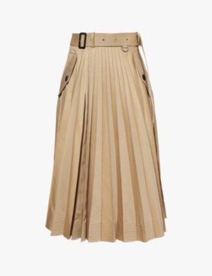 SACAI: Pleated high-waist cotton-blend gabardine midi skirt