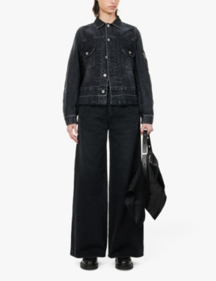 Shop Sacai Womens Black Faded-wash Wide-leg High-rise Denim Trousers
