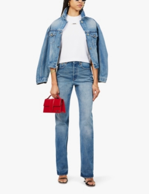 Jacquemus Wide Leg High Rise Jeans With Contrast Stitching In Blue/tabac