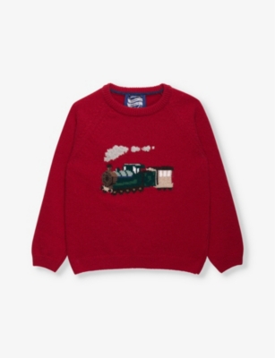 TROTTERS: Steam Train graphic-intarsia knitted jumper 2-11 years