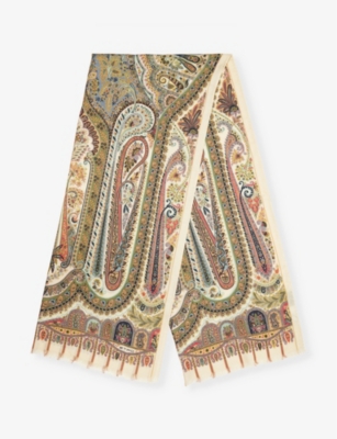 ETRO: Paisley-print fringed wool and silk-blend scarf