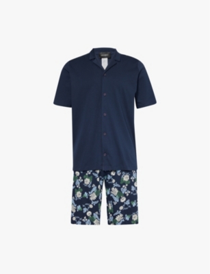 Hanro Mens Fine Lined Print Floral-print Regular-fit Cotton-jersey Pyjamas In Blue