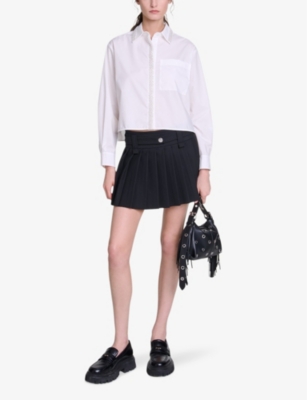 Button-embellished mid-rise pleated stretch wool-blend mini skirt