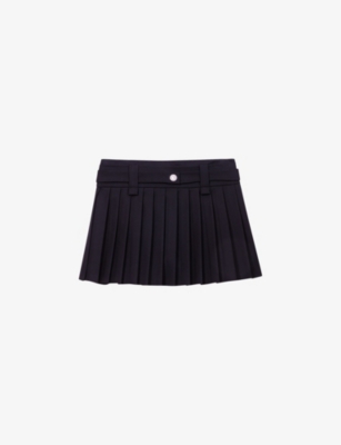Button-embellished mid-rise pleated stretch wool-blend mini skirt