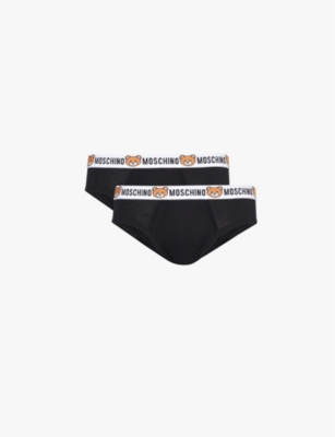 Moschino Mens Black Branded-panel Mid-rise Pack Of Two Cotton-blend Stretch-jersey Briefs