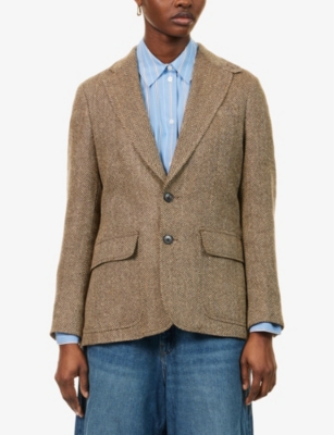 POLO RALPH LAUREN WOMENS BROWN/CREAM HERRINGBONE HERRINGBONE SINGLE-BREASTED LINEN, SILK AND WOOL BLAZER 