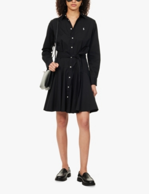 Shop Polo Ralph Lauren Womens  Logo-embroidered Tie-waist Cotton-poplin Midi Dress In Polo Black