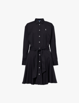 Shop Polo Ralph Lauren Womens  Logo-embroidered Tie-waist Cotton-poplin Midi Dress In Polo Black