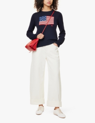 POLO RALPH LAUREN WOMENS NAVY AMERICAN FLAG-INTARSIA REGULAR-FIT COTTON JUMPER 