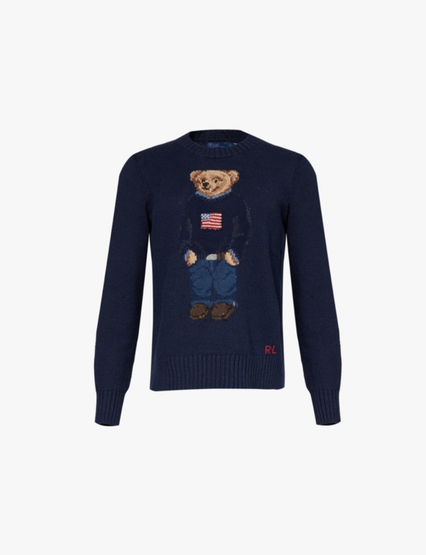 Polo Bear-intarsia regular-fit cotton and linen-blend jumper