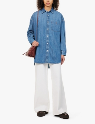 POLO RALPH LAUREN WOMENS GOLFITO WASH OVERSIZED PATCH-POCKET DENIM-CHAMBRAY SHIRT 