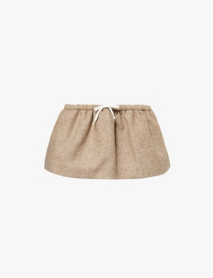 Shop Miu Miu Womens  Drawstring-waist Wool Mini Skirt In Kaki