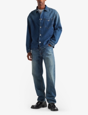 Shop Prada Mens  Brand-plaque Boxy-fit Denim Shirt In Blue