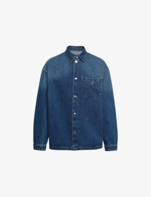 Shop Prada Mens  Brand-plaque Boxy-fit Denim Shirt In Blue