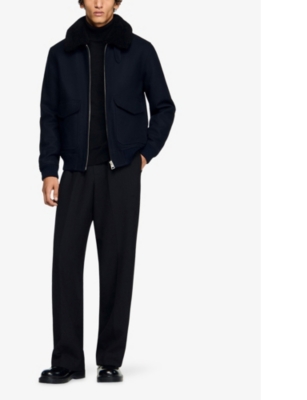 SANDRO: Fleece-collar patch-pocket wool-blend aviator jacket