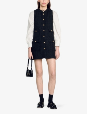 Sandro Womens Noir / Gris Sleeveless Gold-toned Buttons Woven Mini Dress In Black