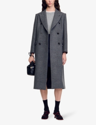 SANDRO WOMENS DOUBLE-BREASTED LONG WOOL-BLEND COAT NOIR / GRIS 