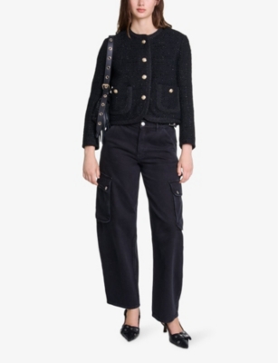 MAJE WOMENS NOIR / GRIS METALLIC-EMBELLISHED CROPPED TWEED JACKET 