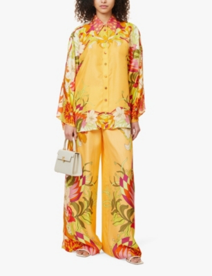 Shop Camilla Womens  Floral-print Flared-sleeve Silk Blouse In The Flower Child Society