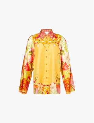 Shop Camilla Womens  Floral-print Flared-sleeve Silk Blouse In The Flower Child Society