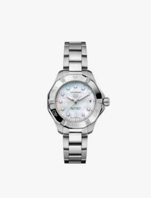 TAG HEUER: WBP1313.BA0005 Aquaracer Solargraph stainless-steel, 0.15ct diamond and mother-of-pearl quartz watch