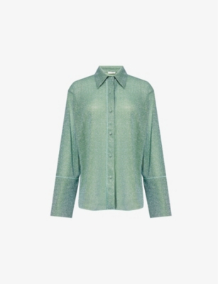 Oseree Womens Aqua Lumiere Long-sleeve Metallic-weave Woven Shirt