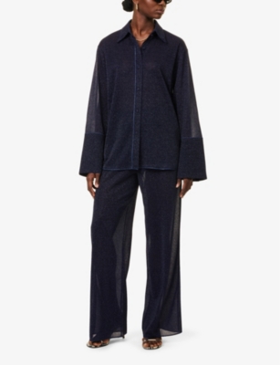 OSEREE WOMENS NIGHT BLUE LUMIERE LONG-SLEEVE METALLIC-WEAVE WOVEN SHIRT 