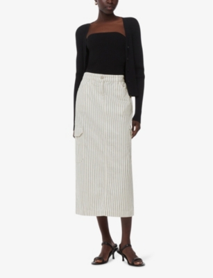 WHISTLES: Stripe-print high-rise cotton and linen-blend midi skirt