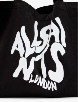 Shop Allsaints Mens Black/chalk Orlando Brand-print Cotton-blend Tote Bag