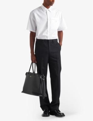 Shop Prada Brand-plaque Short-sleeved Regular-fit Cotton Shirt In White