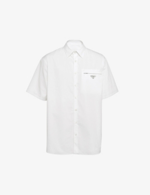 Shop Prada Brand-plaque Short-sleeved Regular-fit Cotton Shirt In White