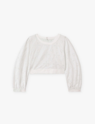 REISS: Nella long-sleeve cropped broderie cotton top 4-14 years