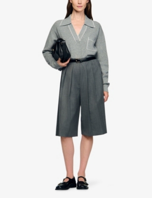 SANDRO: Open polo-collar neck wool-blend knitted jumper