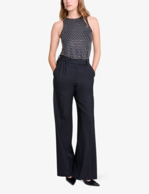 Maje Womens  Pressed-creases Pleated Wide-leg Mid-rise Stretch-woven Trousers In Noir / Gris