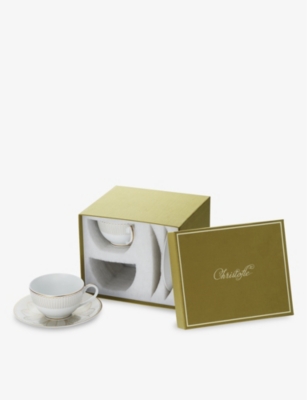 Christofle Malmaison Platinum Porcelain Cup And Saucer Set Of Two