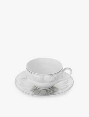 Christofle Malmaison Platinum-trim Porcelain Teacup Set Of Two