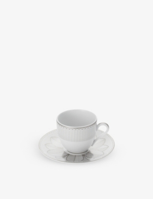Christofle Malmaison Platinum Porcelain Cup And Saucer Set Of Two