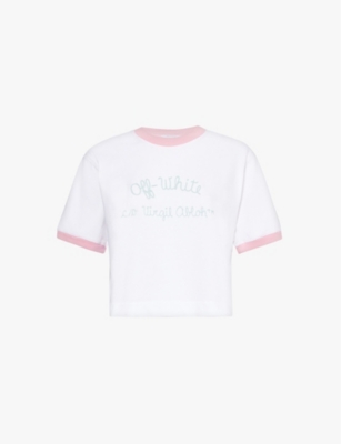 Shop Off-white Mens  C/o Virgil Abloh Brand Embroidery Boxy-fit Cotton-jersey T-shirt In White Milky