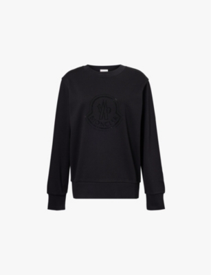 Shop Moncler Womens  Round-neck Rhinestone-embellishment Cotton-blend Sweatshirt In Black