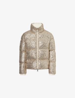 Shop Moncler Womens Gold Sequin High-neck Relaxed-fit Stretch-woven-down Jacket