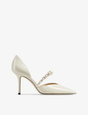 JIMMY CHOO: Aurelie 85 pearl-embellished patent-leather courts