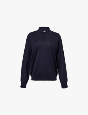 Shop Maison Margiela Womens  Fine-knit Long-sleeve Wool Polo Shirt In Navy