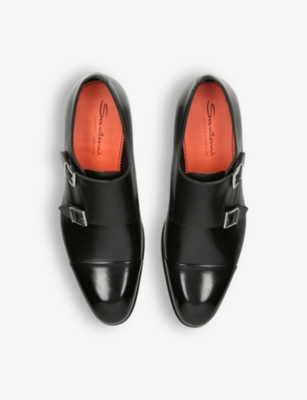 SANTONI: Carter double-buckle leather monk shoes