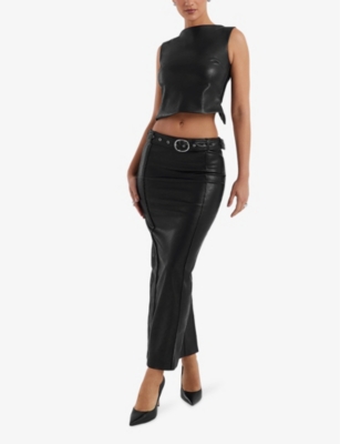 MISTRESS ROCKS: Belted-waist split-hem vegan-leather maxi skirt
