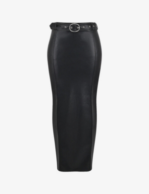 MISTRESS ROCKS: Belted-waist split-hem vegan-leather maxi skirt