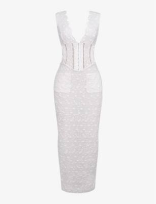 House Of Cb Sophina Embroidered Plunge Neck Bustier Dress In White