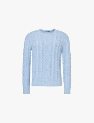 Polo Ralph Lauren Men's Light Chambray Heather Cable-knit Round-neck Cotton, Cashmere And Linen Jump