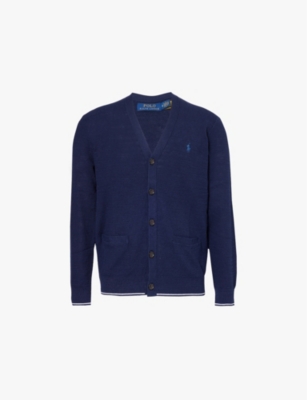 Polo Ralph Lauren Mens Bright Vy Logo-embroidered V-neck Cotton And Linen-blend Cardigan In Bright Navy